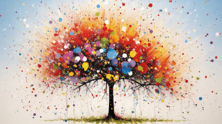 A beautiful and vibrant oil painting of a tree, reminiscent of the style of pointillist and splatter painters. This piece combines elements of realism with a touch of expressionism, creating a unique and captivating work of art.の素材
