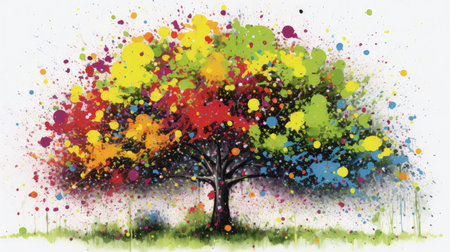 A beautiful and vibrant oil painting of a tree, reminiscent of the style of pointillist and splatter painters. This piece combines elements of realism with a touch of expressionism, creating a unique and captivating work of art.の素材