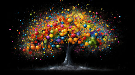 A beautiful and vibrant oil painting of a tree, reminiscent of the style of pointillist and splatter painters. This piece combines elements of realism with a touch of expressionism, creating a unique and captivating work of art.の素材