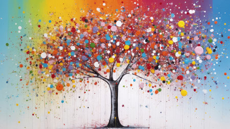 A beautiful and vibrant oil painting of a tree, reminiscent of the style of pointillist and splatter painters. This piece combines elements of realism with a touch of expressionism, creating a unique and captivating work of art.の素材