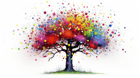 A beautiful and vibrant oil painting of a tree, reminiscent of the style of pointillist and splatter painters. This piece combines elements of realism with a touch of expressionism, creating a unique and captivating work of art.の素材