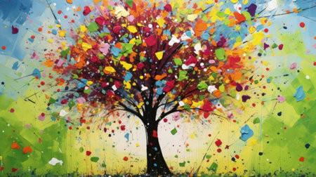 A beautiful and vibrant oil painting of a tree, reminiscent of the style of pointillist and splatter painters. This piece combines elements of realism with a touch of expressionism, creating a unique and captivating work of art.の素材