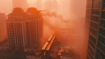 A dazzling cityscape illuminated by a warm, dusty orange glow. The sky is filled with swirling dust particles, giving the scene an otherworldly atmosphere. This image inspires awe and contemplation.の素材