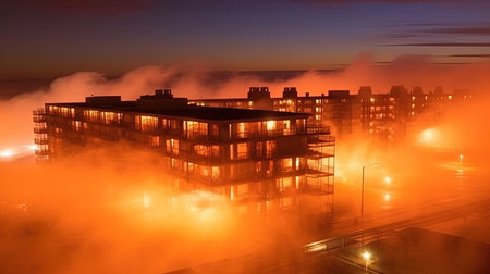 A dazzling cityscape illuminated by a warm, dusty orange glow. The sky is filled with swirling dust particles, giving the scene an otherworldly atmosphere. This image inspires awe and contemplation.の素材