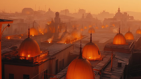 A dazzling cityscape illuminated by a warm, dusty orange glow. The sky is filled with swirling dust particles, giving the scene an otherworldly atmosphere. This image inspires awe and contemplation.の素材