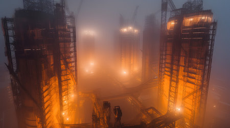 A dazzling cityscape illuminated by a warm, dusty orange glow. The sky is filled with swirling dust particles, giving the scene an otherworldly atmosphere. This image inspires awe and contemplation.の素材