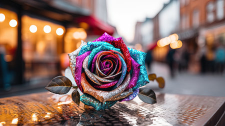 A colorful and unique rose with rainbow petals stands out in a beautiful garden. This macro photograph captures the intricacy and details of the flower, while the garden background adds to its natural beauty.の素材