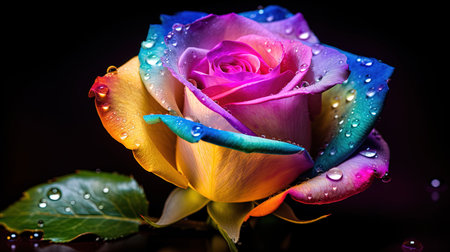 A colorful and unique rose with rainbow petals stands out in a beautiful garden. This macro photograph captures the intricacy and details of the flower, while the garden background adds to its natural beauty.の素材
