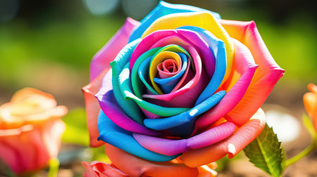 A colorful and unique rose with rainbow petals stands out in a beautiful garden. This macro photograph captures the intricacy and details of the flower, while the garden background adds to its natural beauty.の素材
