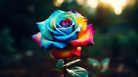 A colorful and unique rose with rainbow petals stands out in a beautiful garden. This macro photograph captures the intricacy and details of the flower, while the garden background adds to its natural beauty.の素材