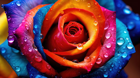 A colorful and unique rose with rainbow petals stands out in a beautiful garden. This macro photograph captures the intricacy and details of the flower, while the garden background adds to its natural beauty.の素材