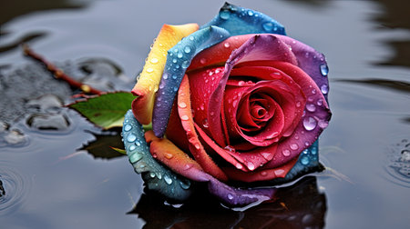 A colorful and unique rose with rainbow petals stands out in a beautiful garden. This macro photograph captures the intricacy and details of the flower, while the garden background adds to its natural beauty.の素材