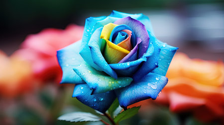 A colorful and unique rose with rainbow petals stands out in a beautiful garden. This macro photograph captures the intricacy and details of the flower, while the garden background adds to its natural beauty.の素材