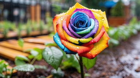 A colorful and unique rose with rainbow petals stands out in a beautiful garden. This macro photograph captures the intricacy and details of the flower, while the garden background adds to its natural beauty.の素材