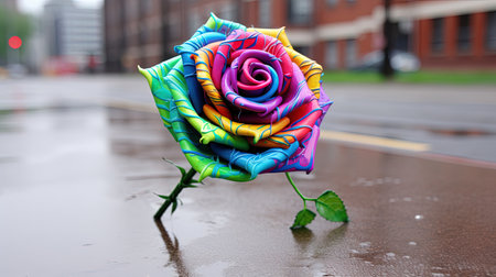 A colorful and unique rose with rainbow petals stands out in a beautiful garden. This macro photograph captures the intricacy and details of the flower, while the garden background adds to its natural beauty.の素材