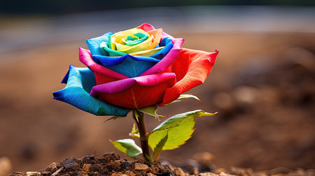 A colorful and unique rose with rainbow petals stands out in a beautiful garden. This macro photograph captures the intricacy and details of the flower, while the garden background adds to its natural beauty.の素材