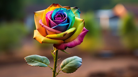 A colorful and unique rose with rainbow petals stands out in a beautiful garden. This macro photograph captures the intricacy and details of the flower, while the garden background adds to its natural beauty.の素材