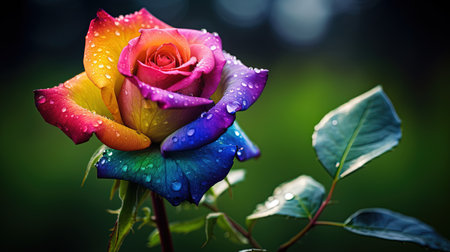 A colorful and unique rose with rainbow petals stands out in a beautiful garden. This macro photograph captures the intricacy and details of the flower, while the garden background adds to its natural beauty.の素材
