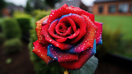 A colorful and unique rose with rainbow petals stands out in a beautiful garden. This macro photograph captures the intricacy and details of the flower, while the garden background adds to its natural beauty.の素材