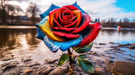 A colorful and unique rose with rainbow petals stands out in a beautiful garden. This macro photograph captures the intricacy and details of the flower, while the garden background adds to its natural beauty.の素材