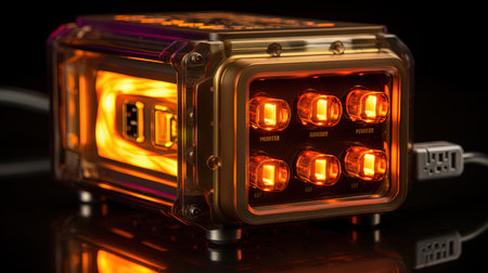 This digital image showcases a small yet powerful security server designed with exacting precision and multi-layered security features. With USB and network ports, this server is perfect for businesses and individuals looking for top-of-the-line security. The image is rendered in stunning 8K resolution and features LED lighting for added visual impactの素材