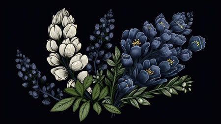 A beautiful hand-drawn ornamental flower design on a black background. The intricate details and delicate lines of the drawing create a stunning visual effect that is both elegant and modern.の素材