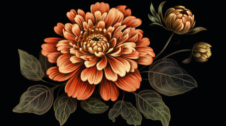 A beautiful hand-drawn ornamental flower design on a black background. The intricate details and delicate lines of the drawing create a stunning visual effect that is both elegant and modern.の素材