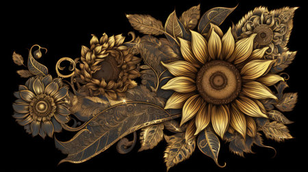 A beautiful hand-drawn ornamental flower design on a black background. The intricate details and delicate lines of the drawing create a stunning visual effect that is both elegant and modern.の素材