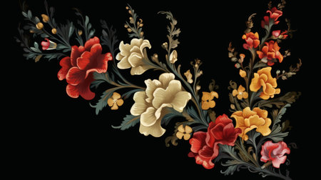 A beautiful hand-drawn ornamental flower design on a black background. The intricate details and delicate lines of the drawing create a stunning visual effect that is both elegant and modern.の素材