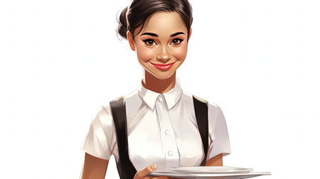 A cartoon waiter brings smiles to his customers' faces as he navigates his way through a hectic shift. The bright colors and dynamic comic book style capture the energy and excitement of the restaurant environment.の素材
