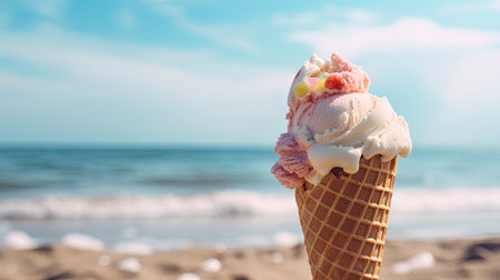 Capture the essence of summer with this close-up shot of perfect Italian gelato at the beach. With vibrant colors and a refreshing look, this image is perfect for any summer-themed project. Enjoy the cool breeze and the sound of the waves as you indulge in the sweet treat.の素材
