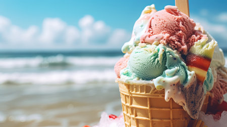 Capture the essence of summer with this close-up shot of perfect Italian gelato at the beach. With vibrant colors and a refreshing look, this image is perfect for any summer-themed project. Enjoy the cool breeze and the sound of the waves as you indulge in the sweet treat.の素材