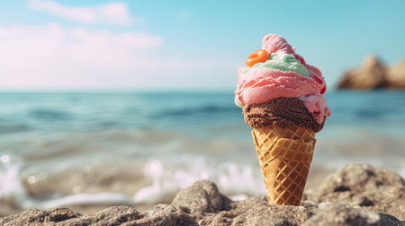 Capture the essence of summer with this close-up shot of perfect Italian gelato at the beach. With vibrant colors and a refreshing look, this image is perfect for any summer-themed project. Enjoy the cool breeze and the sound of the waves as you indulge in the sweet treat.の素材