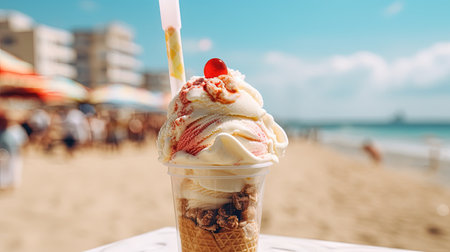 Capture the essence of summer with this close-up shot of perfect Italian gelato at the beach. With vibrant colors and a refreshing look, this image is perfect for any summer-themed project. Enjoy the cool breeze and the sound of the waves as you indulge in the sweet treat.の素材