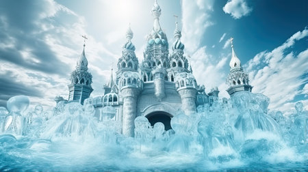 This photorealistic image captures the playful and adventurous spirit of the aquaparc complex. The cyan waterslides and waterfall create a refreshing escape from the summer heat. The high-speed sync and wave effects add an extra layer of excitement to the scene.の素材