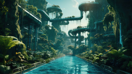 This photorealistic image captures the playful and adventurous spirit of the aquaparc complex. The cyan waterslides and waterfall create a refreshing escape from the summer heat. The high-speed sync and wave effects add an extra layer of excitement to the scene.の素材