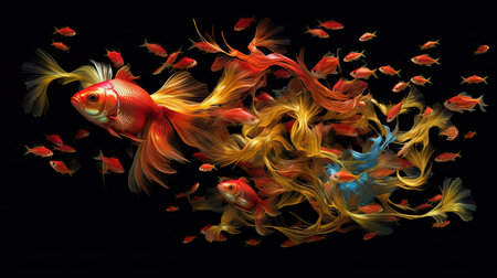 A stunning digital image of a Siamese fissured fish with a transparent background. The fish is portrayed in the style of colorful turbulence, set against a black background, reminiscent of silk painting and colorful animation stills. The image features glitter and sparkling water reflections, with hues of light maroon and gold creating a vibrant and mesmerizing visual experience.の素材