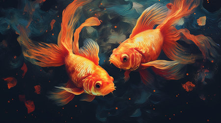 A stunning digital image of a Siamese fissured fish with a transparent background. The fish is portrayed in the style of colorful turbulence, set against a black background, reminiscent of silk painting and colorful animation stills. The image features glitter and sparkling water reflections, with hues of light maroon and gold creating a vibrant and mesmerizing visual experience.の素材