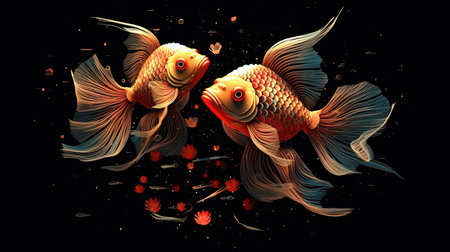 A stunning digital image of a Siamese fissured fish with a transparent background. The fish is portrayed in the style of colorful turbulence, set against a black background, reminiscent of silk painting and colorful animation stills. The image features glitter and sparkling water reflections, with hues of light maroon and gold creating a vibrant and mesmerizing visual experience.の素材