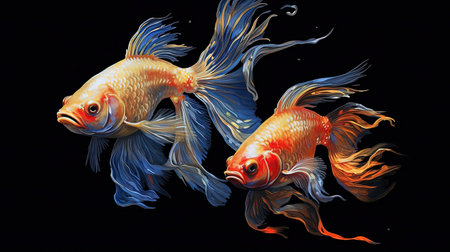 A stunning digital image of a Siamese fissured fish with a transparent background. The fish is portrayed in the style of colorful turbulence, set against a black background, reminiscent of silk painting and colorful animation stills. The image features glitter and sparkling water reflections, with hues of light maroon and gold creating a vibrant and mesmerizing visual experience.の素材
