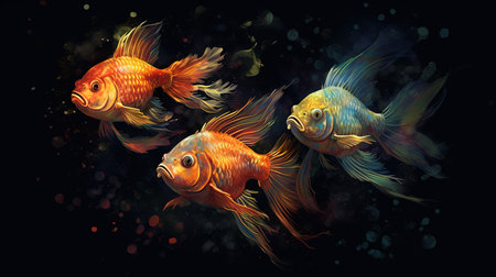A stunning digital image of a Siamese fissured fish with a transparent background. The fish is portrayed in the style of colorful turbulence, set against a black background, reminiscent of silk painting and colorful animation stills. The image features glitter and sparkling water reflections, with hues of light maroon and gold creating a vibrant and mesmerizing visual experience.の素材