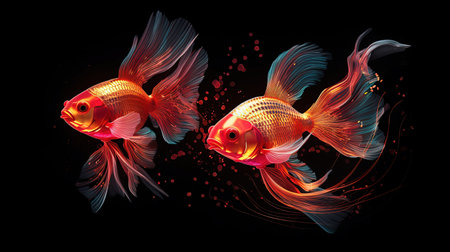 A stunning digital image of a Siamese fissured fish with a transparent background. The fish is portrayed in the style of colorful turbulence, set against a black background, reminiscent of silk painting and colorful animation stills. The image features glitter and sparkling water reflections, with hues of light maroon and gold creating a vibrant and mesmerizing visual experience.の素材
