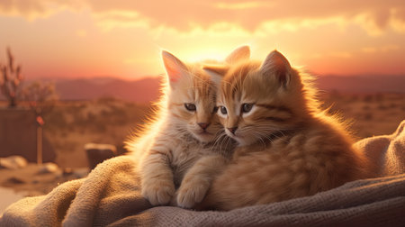 A beautiful digital image capturing the heartwarming moment of kittens hugging and cuddling each other in front of a stunning sunset. The image is created in a unique style with light gold and silver tones, colorful animations, and a photo-realistic technique that makes it feel like a dream. The piles/stacks of kittens create a sense of warmth and comfort, making it a perfect image to brighten up anyone's day.の素材