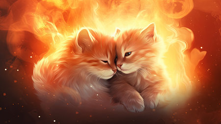 A beautiful digital image capturing the heartwarming moment of kittens hugging and cuddling each other in front of a stunning sunset. The image is created in a unique style with light gold and silver tones, colorful animations, and a photo-realistic technique that makes it feel like a dream. The piles/stacks of kittens create a sense of warmth and comfort, making it a perfect image to brighten up anyone's day.の素材