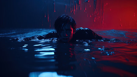 A hyperrealistic digital image of a generic superhero standing in a dramatic background, with cinematic lighting and reflections on the ground. The image portrays the hero in a reflective and contemplative state. Inspired by Nightcrawlerの素材