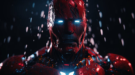A hyperrealistic digital image of a generic superhero standing in a dramatic background, with cinematic lighting and reflections on the ground. The image portrays the hero in a reflective and contemplative state. Inspired by Iron Manの素材