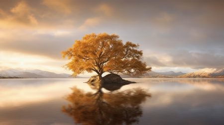 A stunning image of a golden tree in the middle of a lake, with its vibrant colors beautifully reflected in the calm waters. The cloudy sky adds a touch of drama to the scene, making it a truly mesmerizing view.の素材