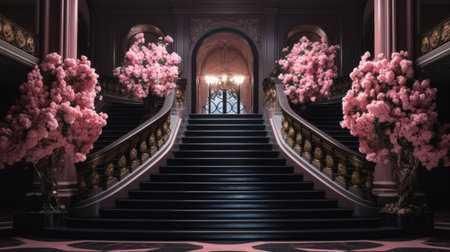 A hyper-realistic depiction of a hall with a staircase adorned with dark romantic flowers. The image captures the whimsical dreamscape of the Dusseldorf School of Photography, with its timeless elegance and rich tonal palette, while exploring dark themes.の素材