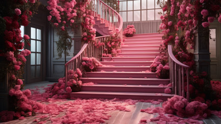 A hyper-realistic depiction of a hall with a staircase adorned with dark romantic flowers. The image captures the whimsical dreamscape of the Dusseldorf School of Photography, with its timeless elegance and rich tonal palette, while exploring dark themes.の素材
