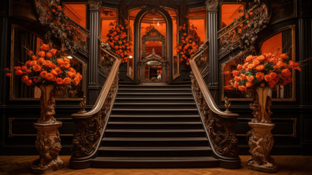 A hyper-realistic depiction of a hall with a staircase adorned with dark romantic flowers. The image captures the whimsical dreamscape of the Dusseldorf School of Photography, with its timeless elegance and rich tonal palette, while exploring dark themes.の素材